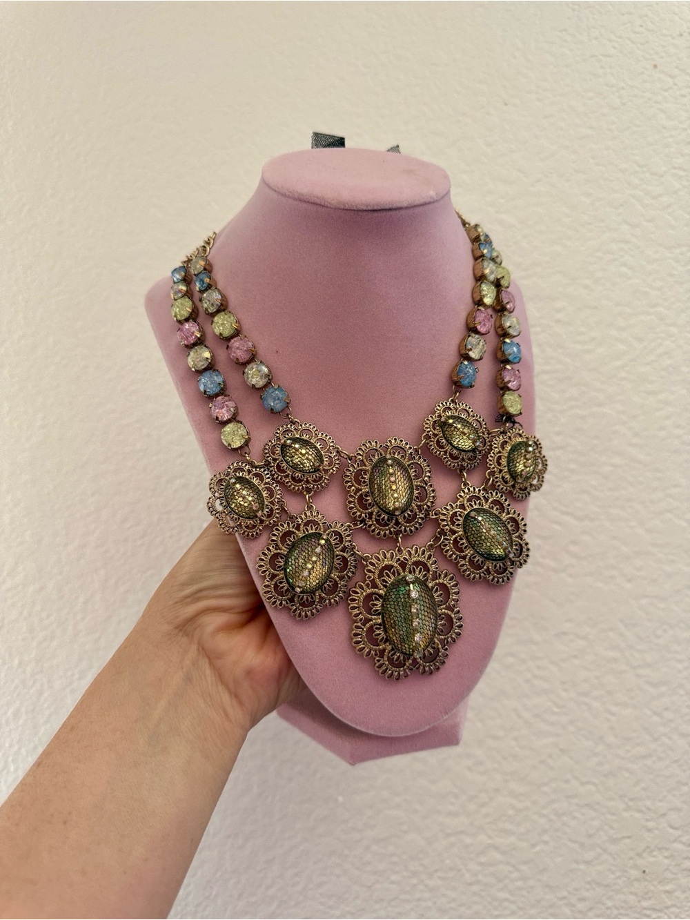 Betsey Johnson Vintage Pastel Pink Multicolor Filigree Statement Necklace